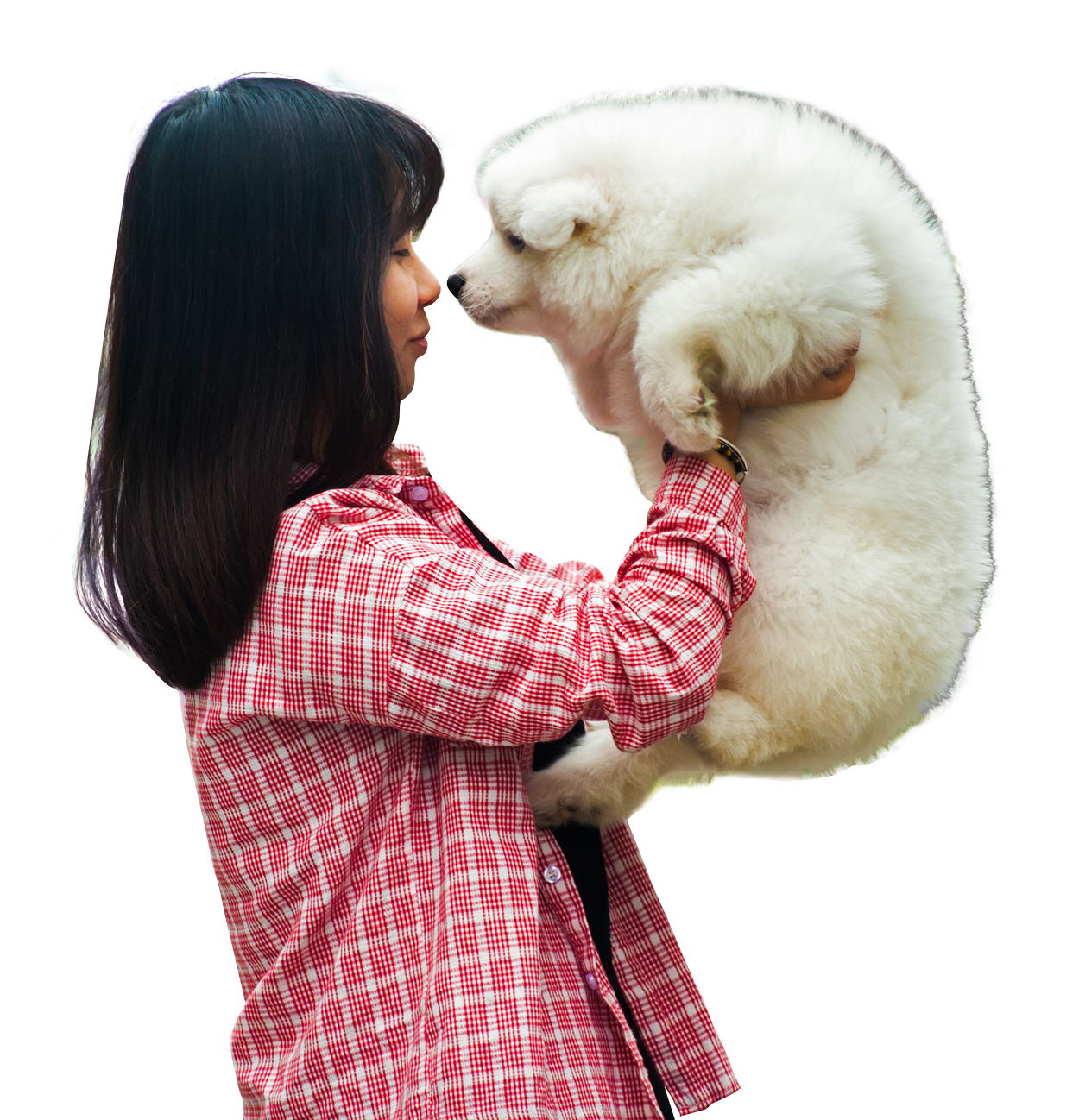 Woman Holding Fluffy White Dog PNG