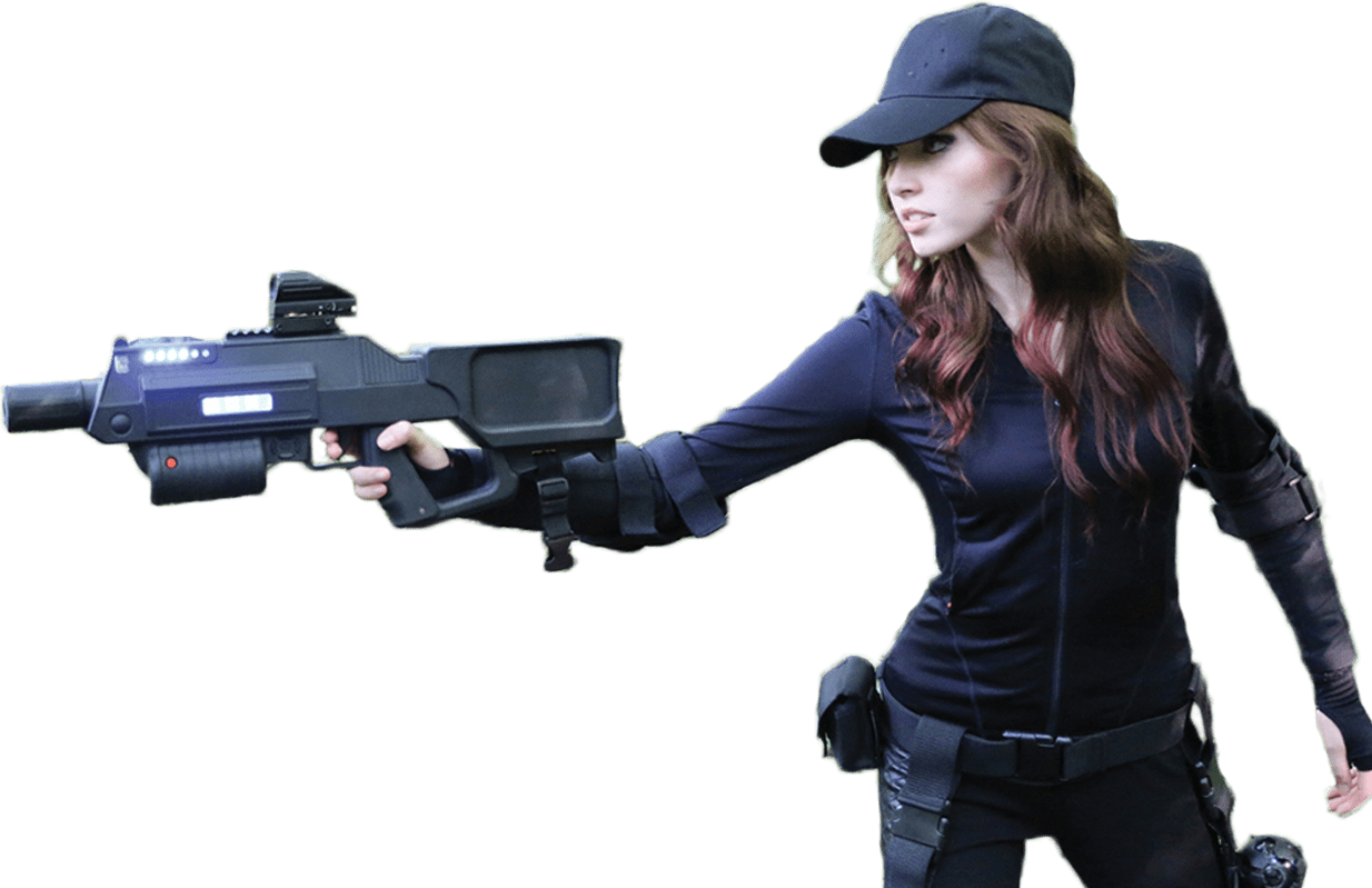 Woman_ Holding_ Futuristic_ Gun PNG