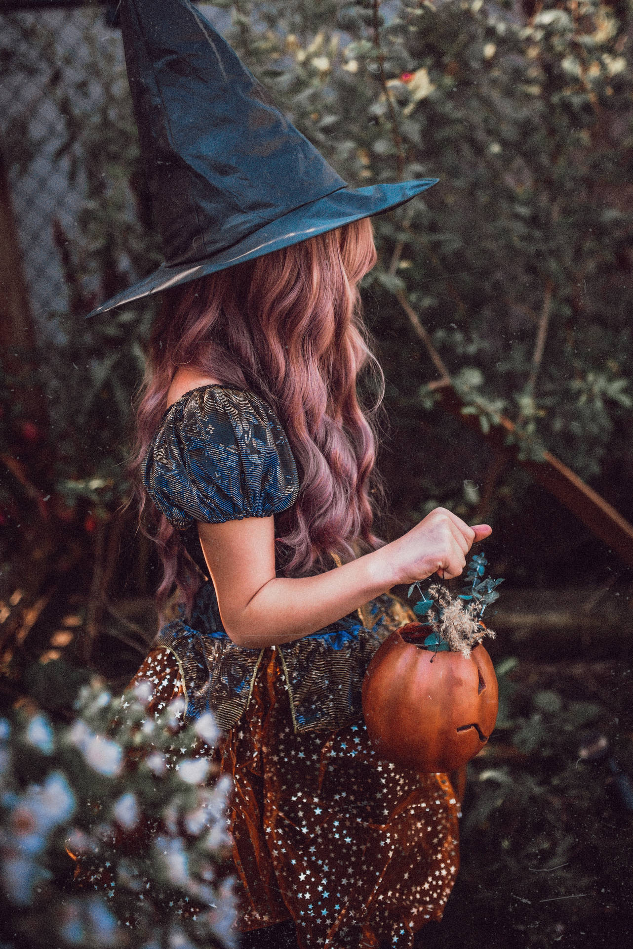 Woman Holding Spooky Pumpkin Basket Background
