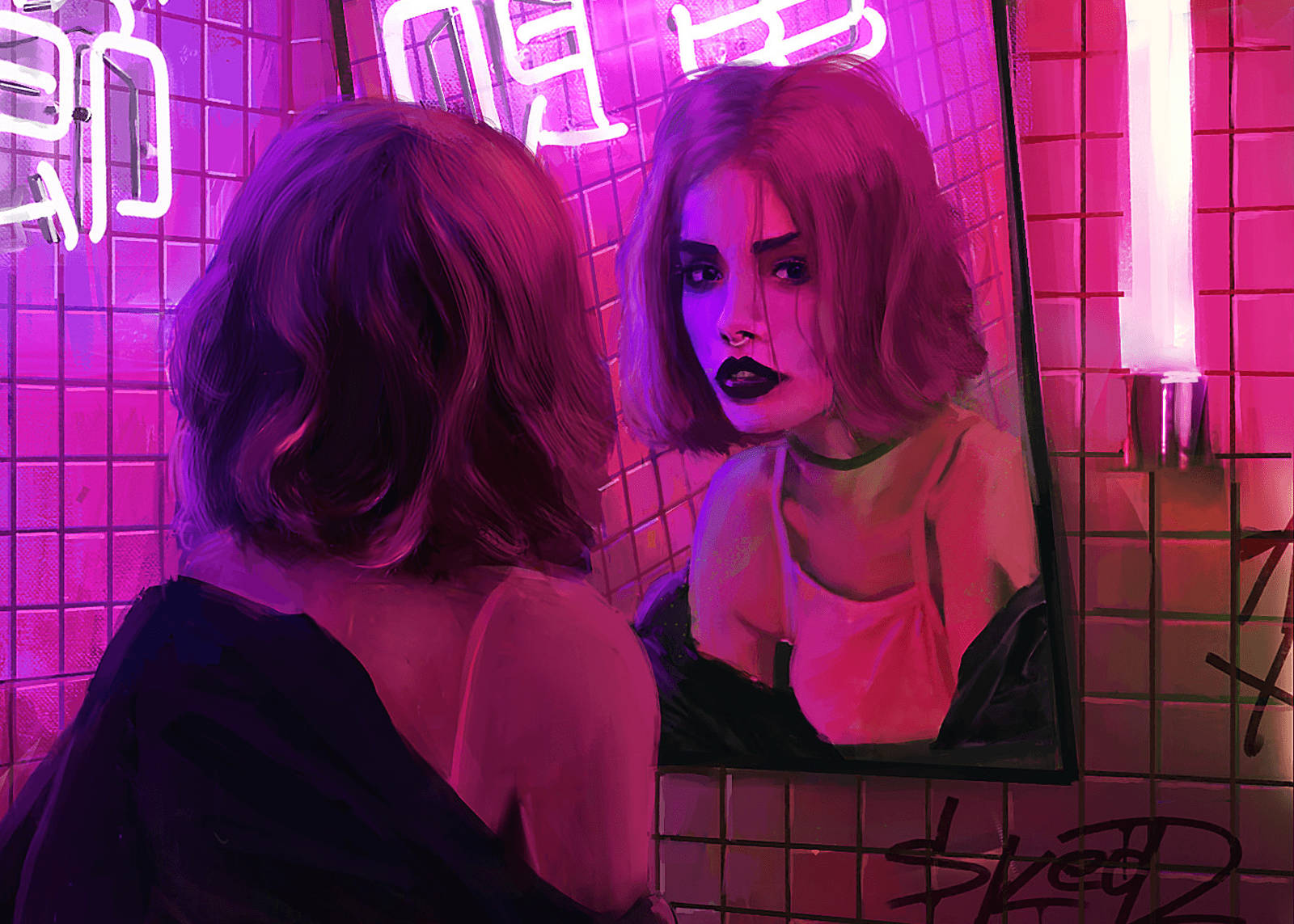 Woman In Bathroom With Neon Pink Lights Wallpaper
