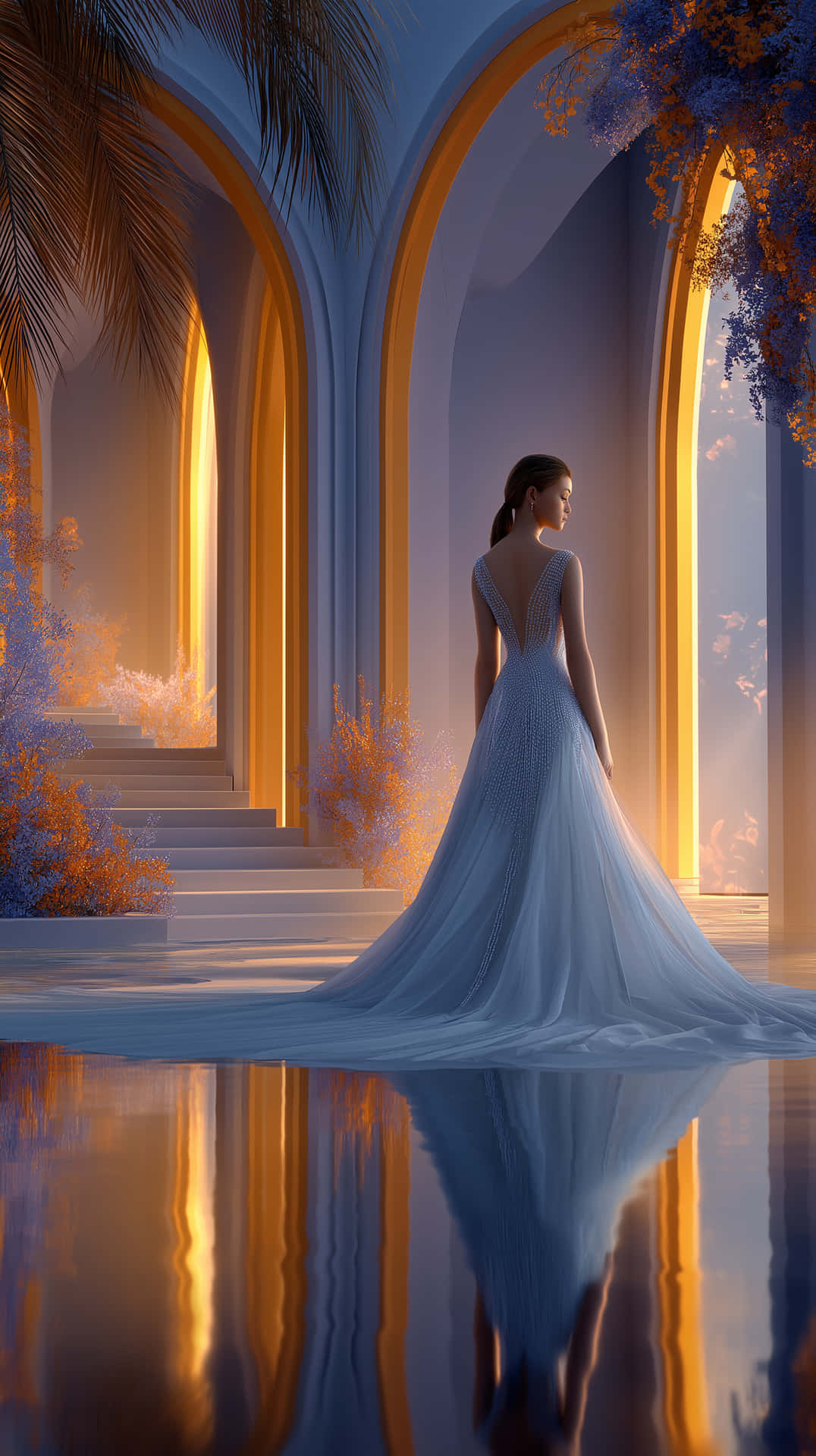 Woman In Gown Reflecting In Water By Grand Architecture Wallpaper