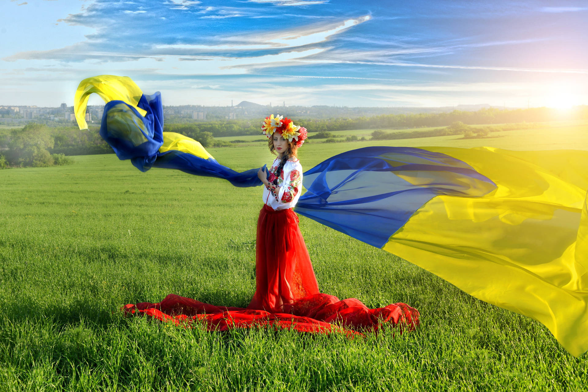 Woman In Red Skirt With Ukraine Flag Background