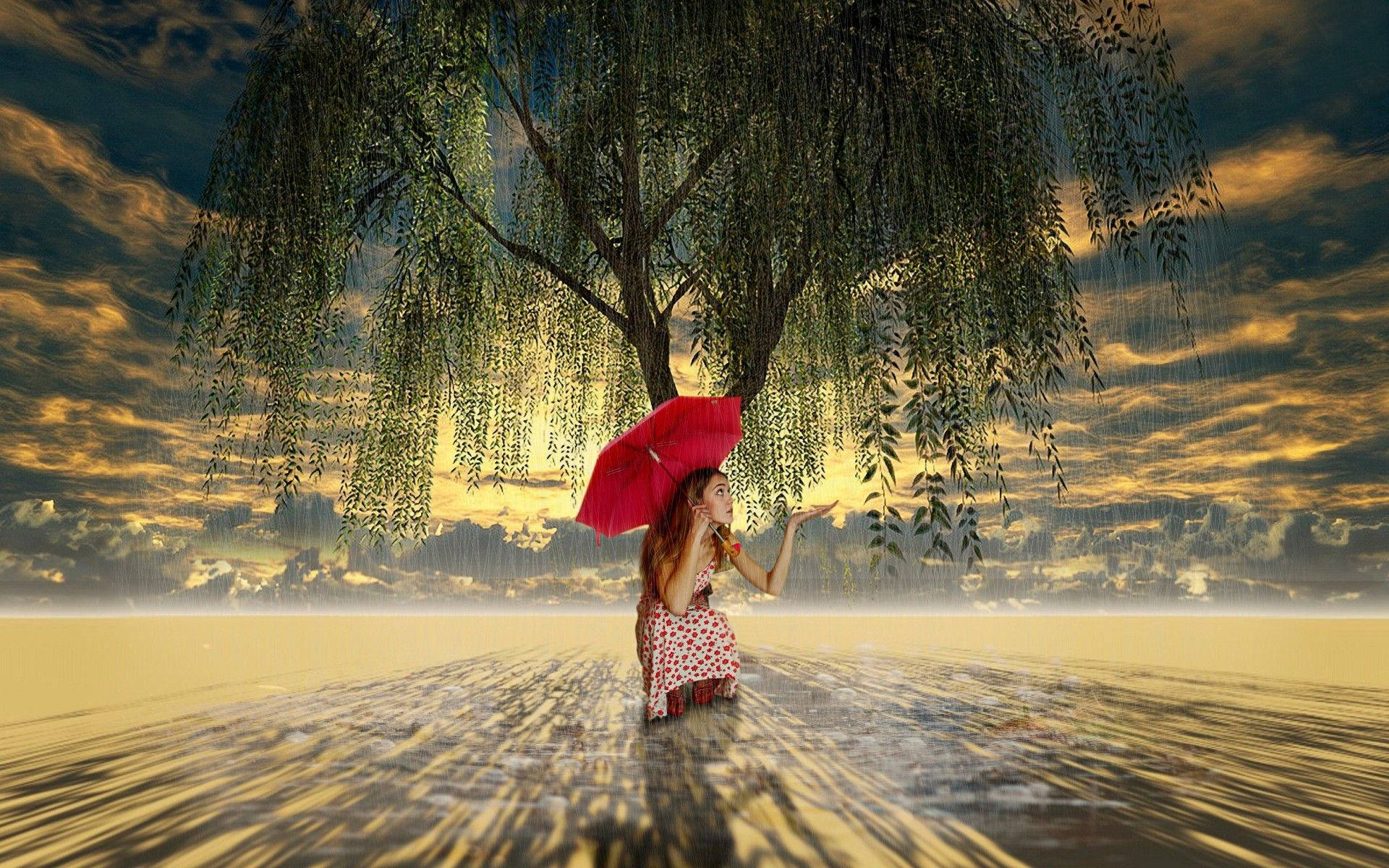 Donna In Rosso Con Bella Pioggia Sfondo