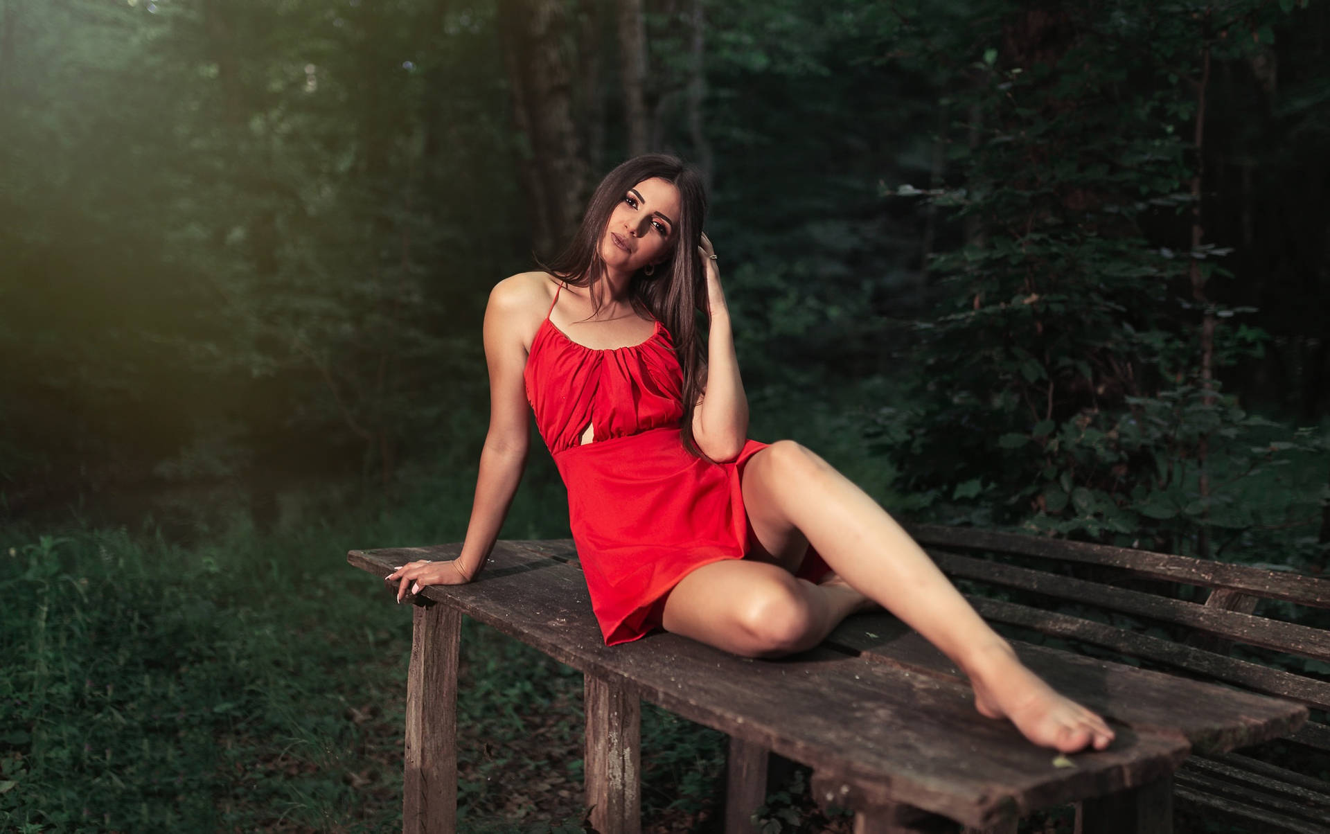Woman In The Wood With Beautiful Legs Background