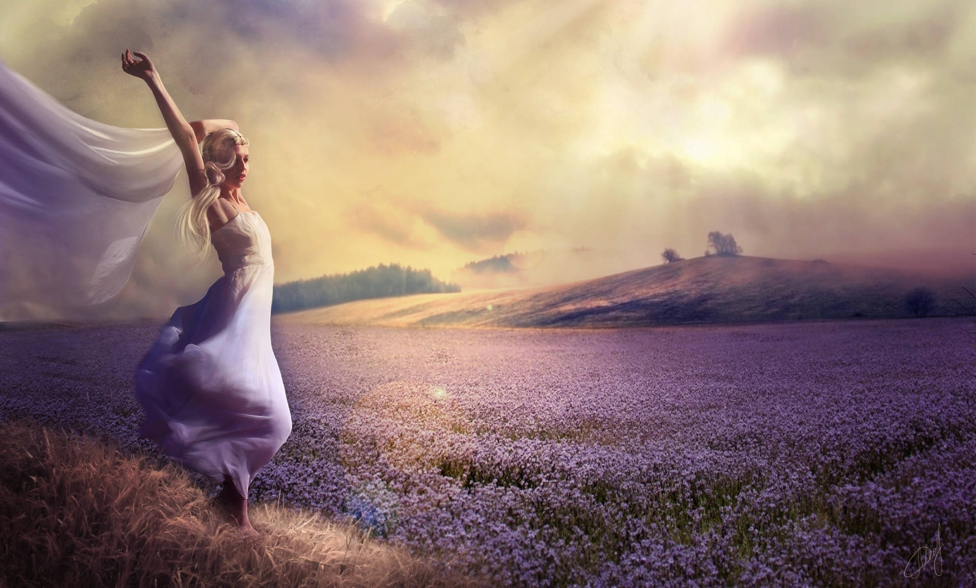 Woman and lavender field fantasy art wallpaper.