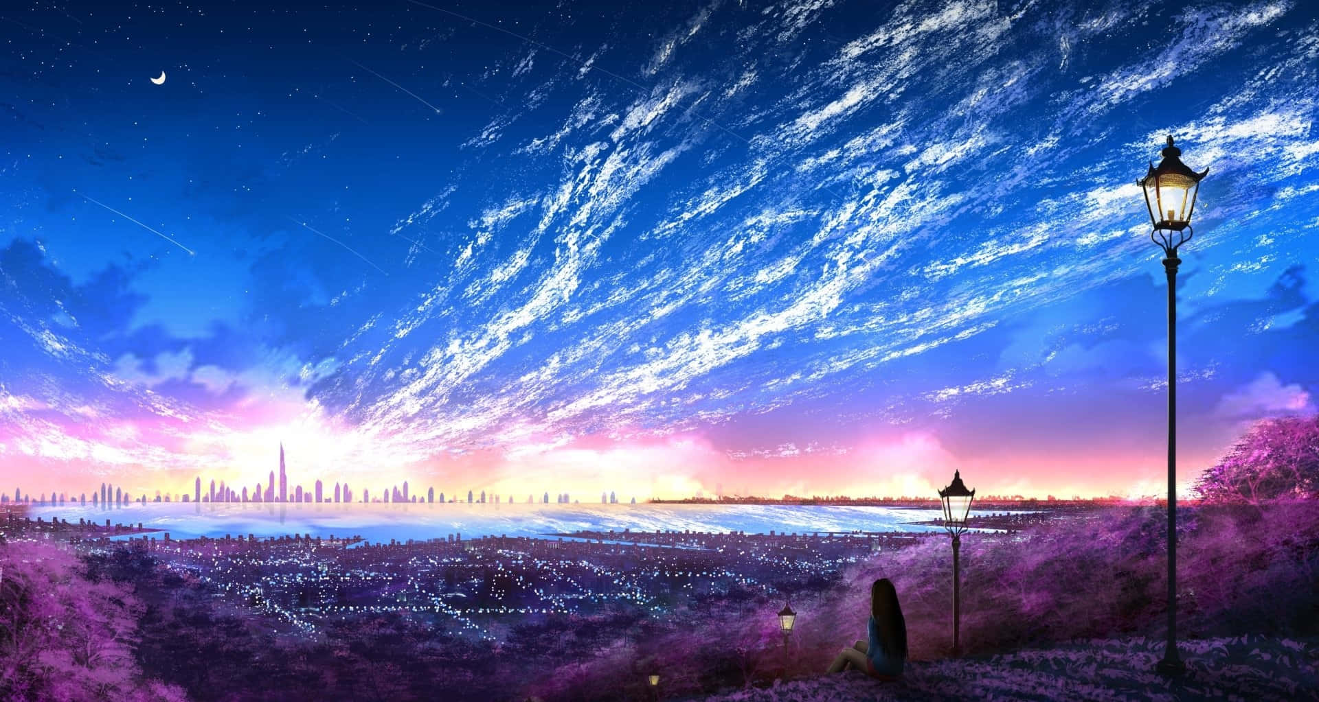 Mujermirando La Ciudad Bajo El Cielo Nocturno. Fondo de pantalla