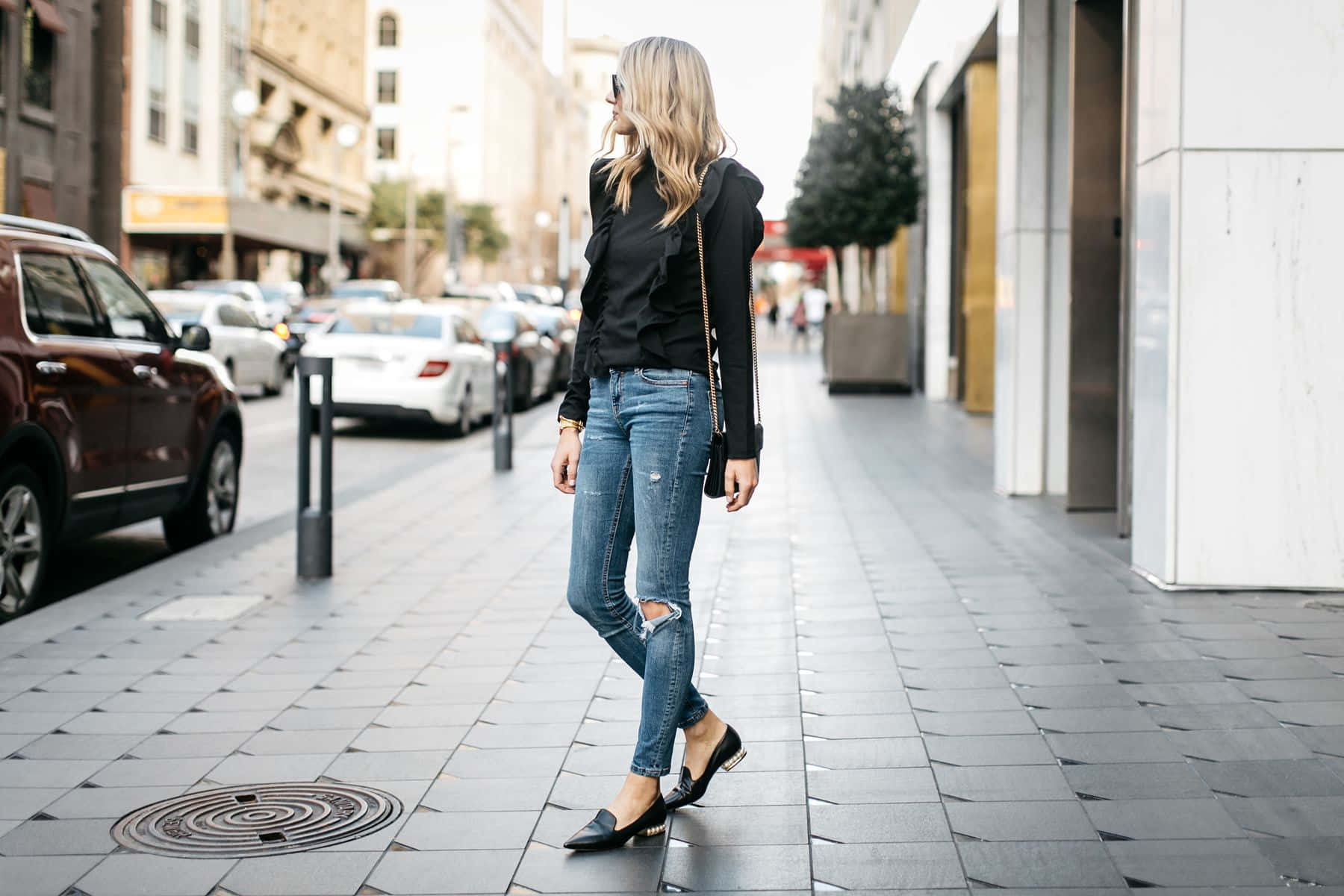 Woman On Sidewalk With Nicholas Kirkwood Shoes Wallpaper