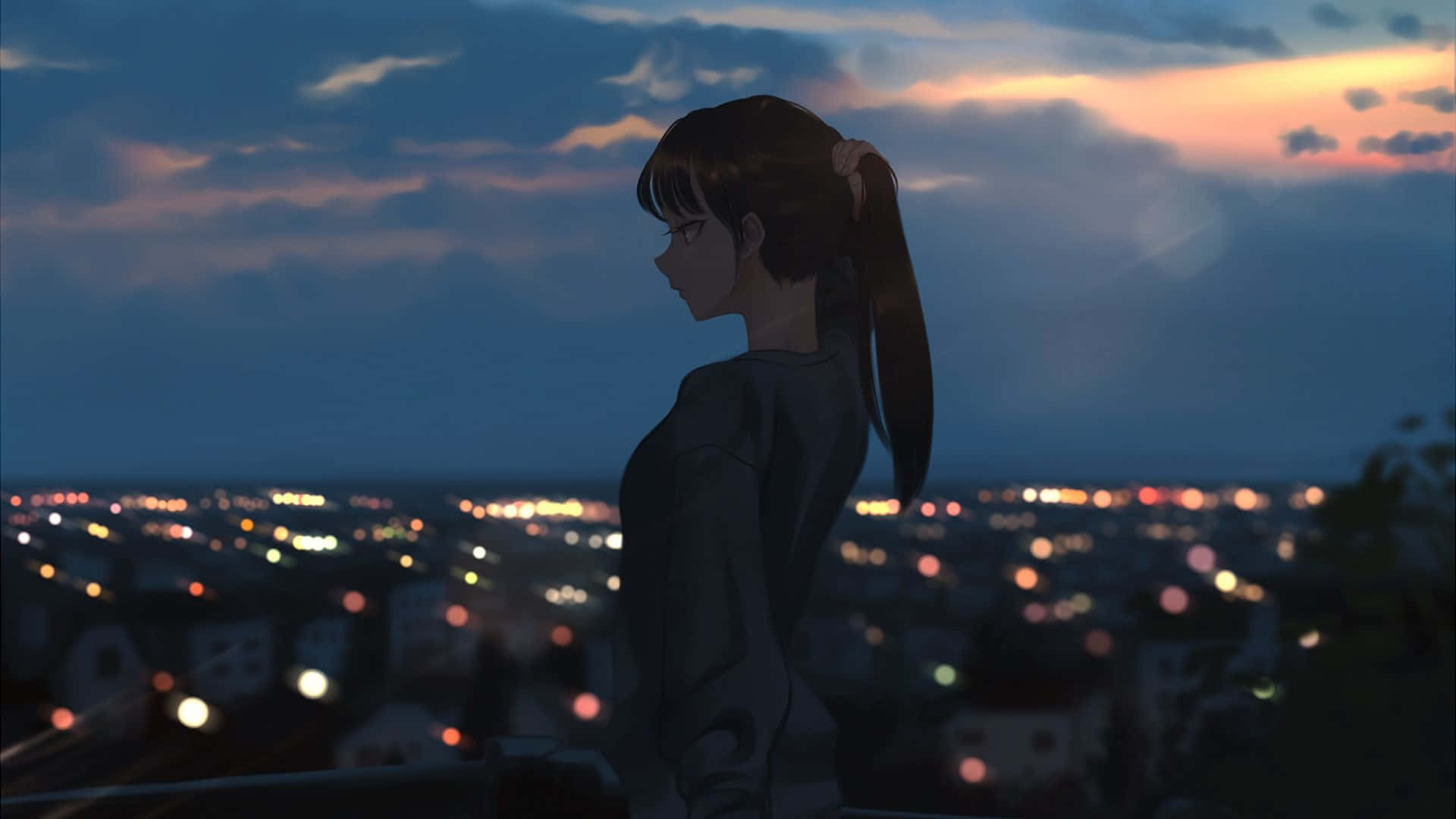 Woman Overlooks Night Anime Cityscape Wallpaper