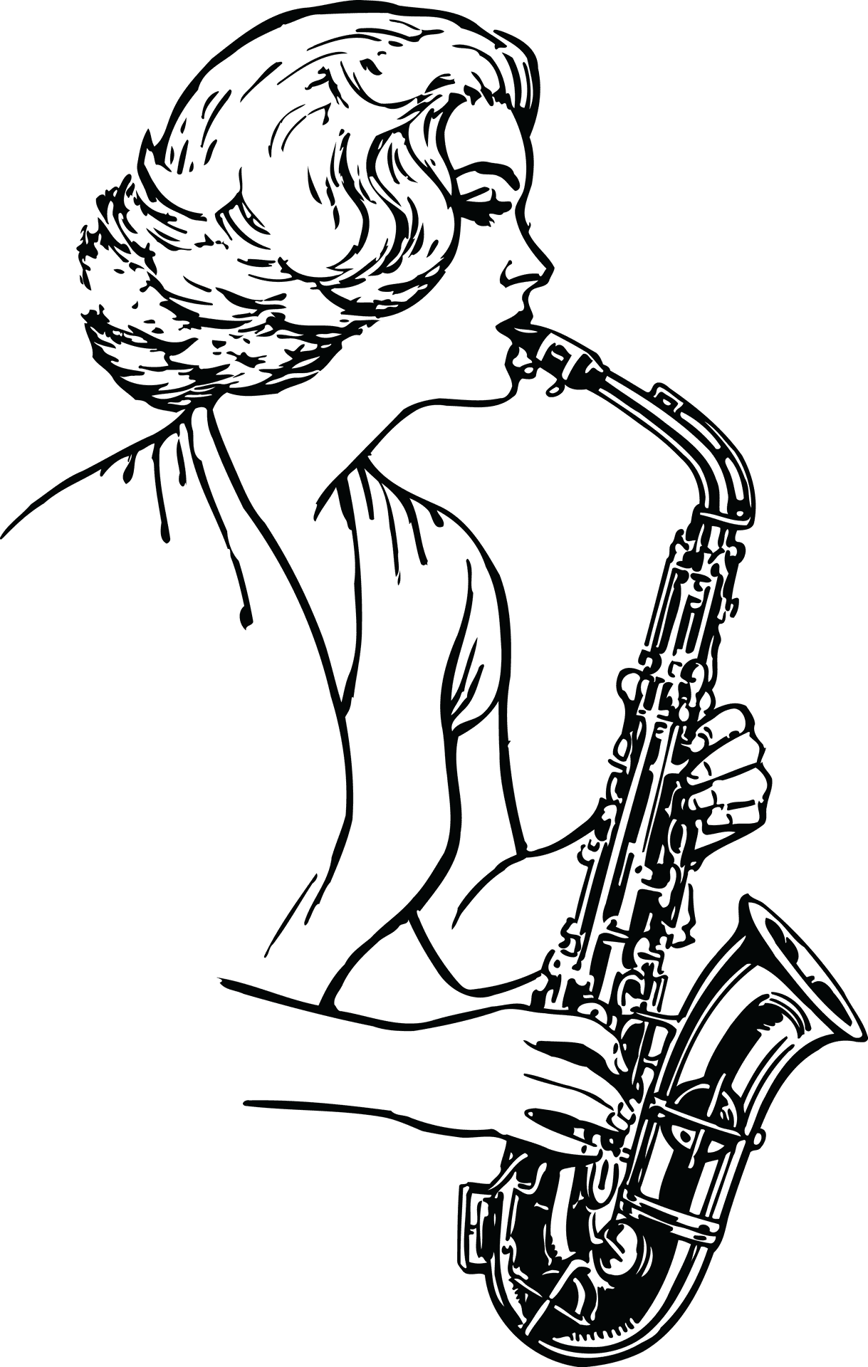 Woman Playing Saxophone Line Art PNG