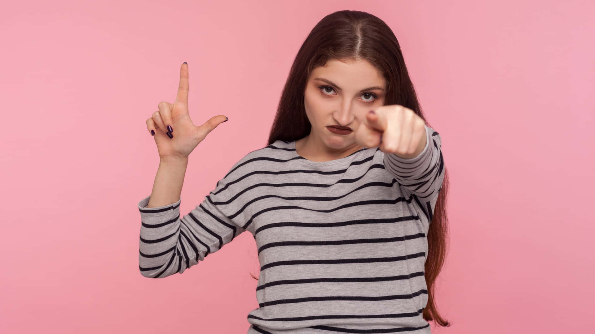 Woman Pointing Finger Gesture Pink Background Wallpaper
