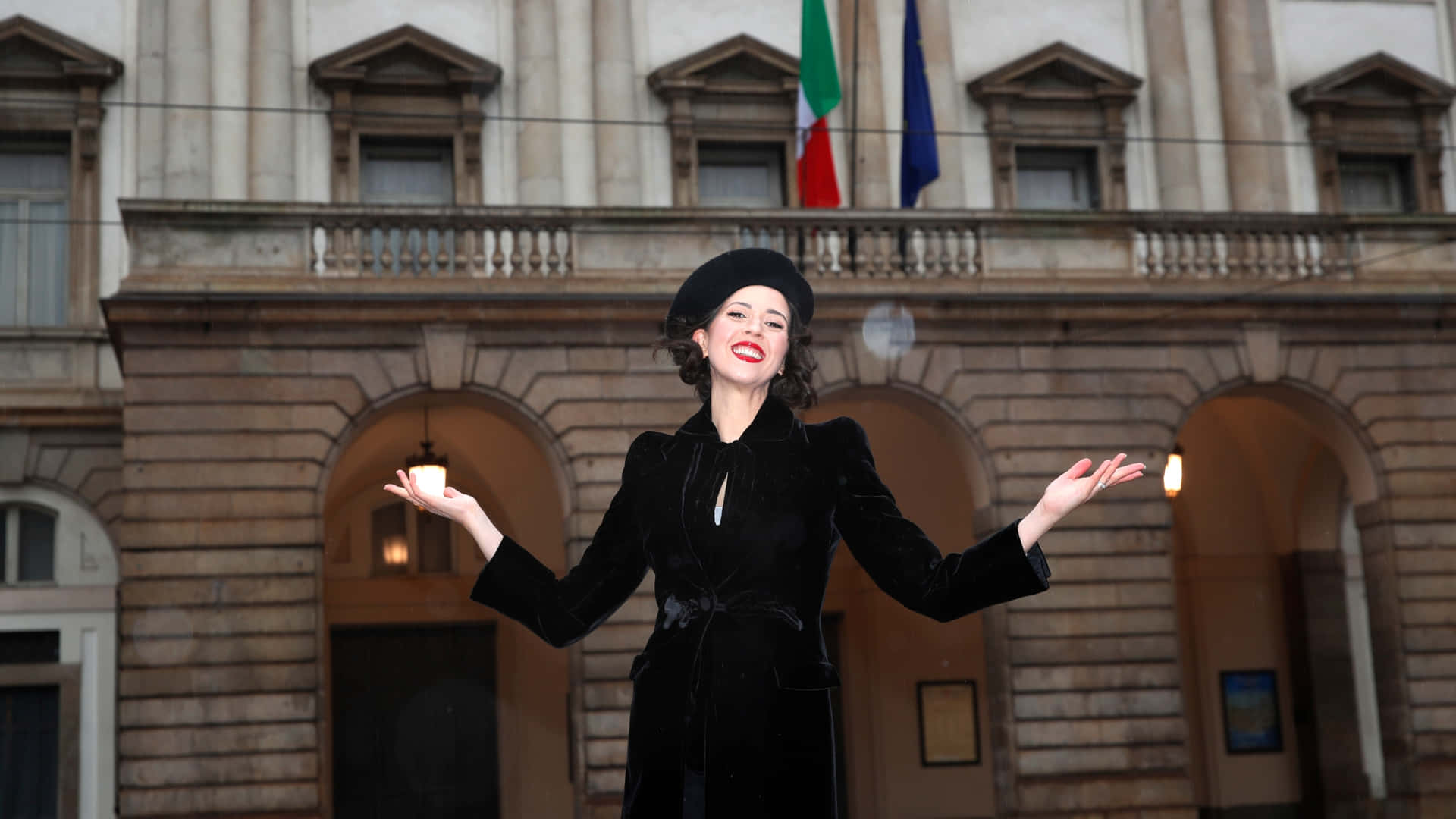 Woman Posing Outside La Scala Opera House Wallpaper