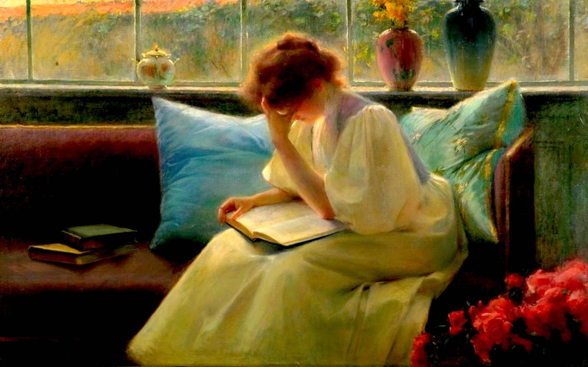 A woman engrossed in reading a book in an artistic painting. Wallpaper