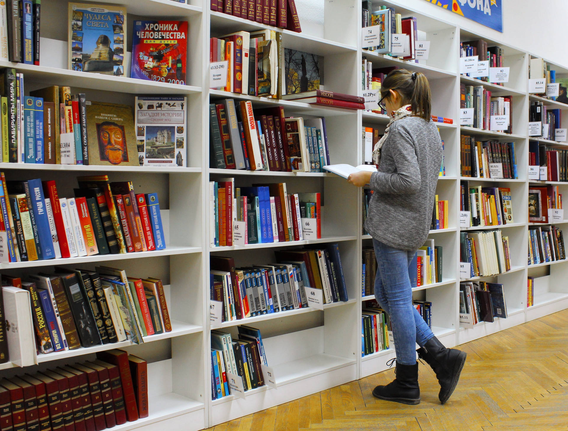Woman Reading Reference Book Near Shelf Wallpaper