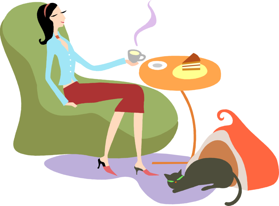 Woman Relaxingwith Coffeeand Cat PNG