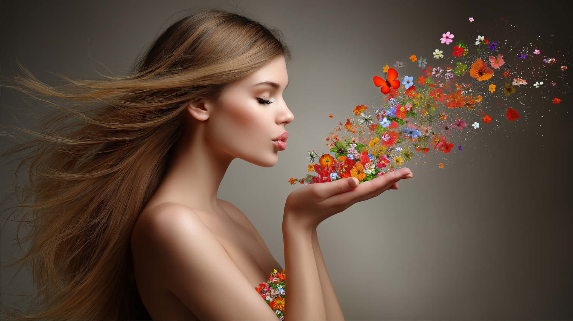 Woman Releasing Colorful Blooms And Butterflies Wallpaper