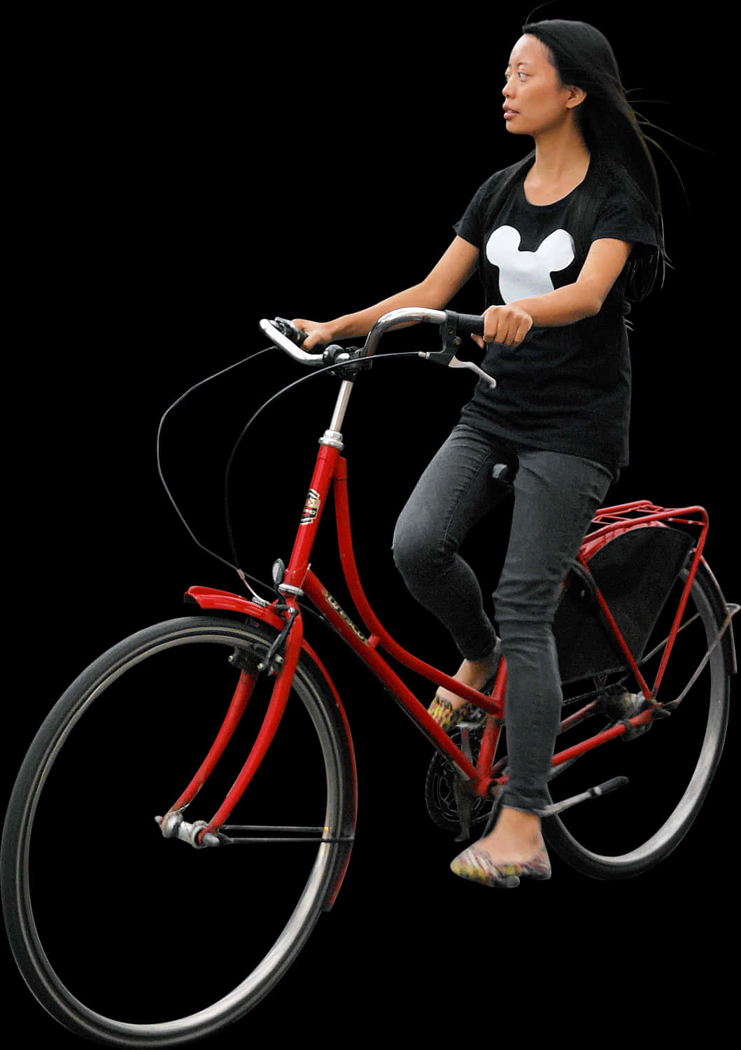 Woman Riding Red Bicycle PNG