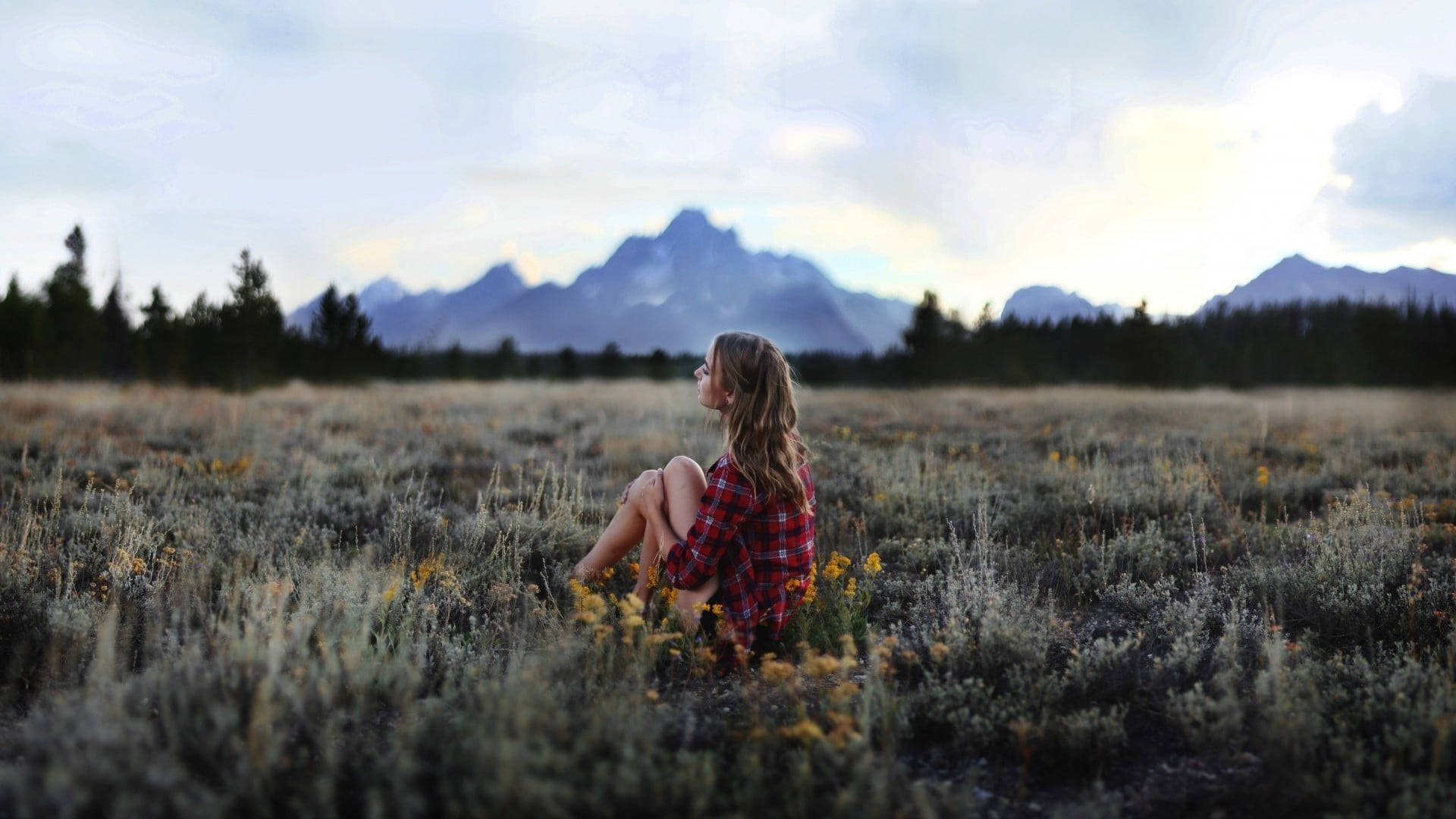 Woman Sitting Alone On Grassy Field Wallpaper