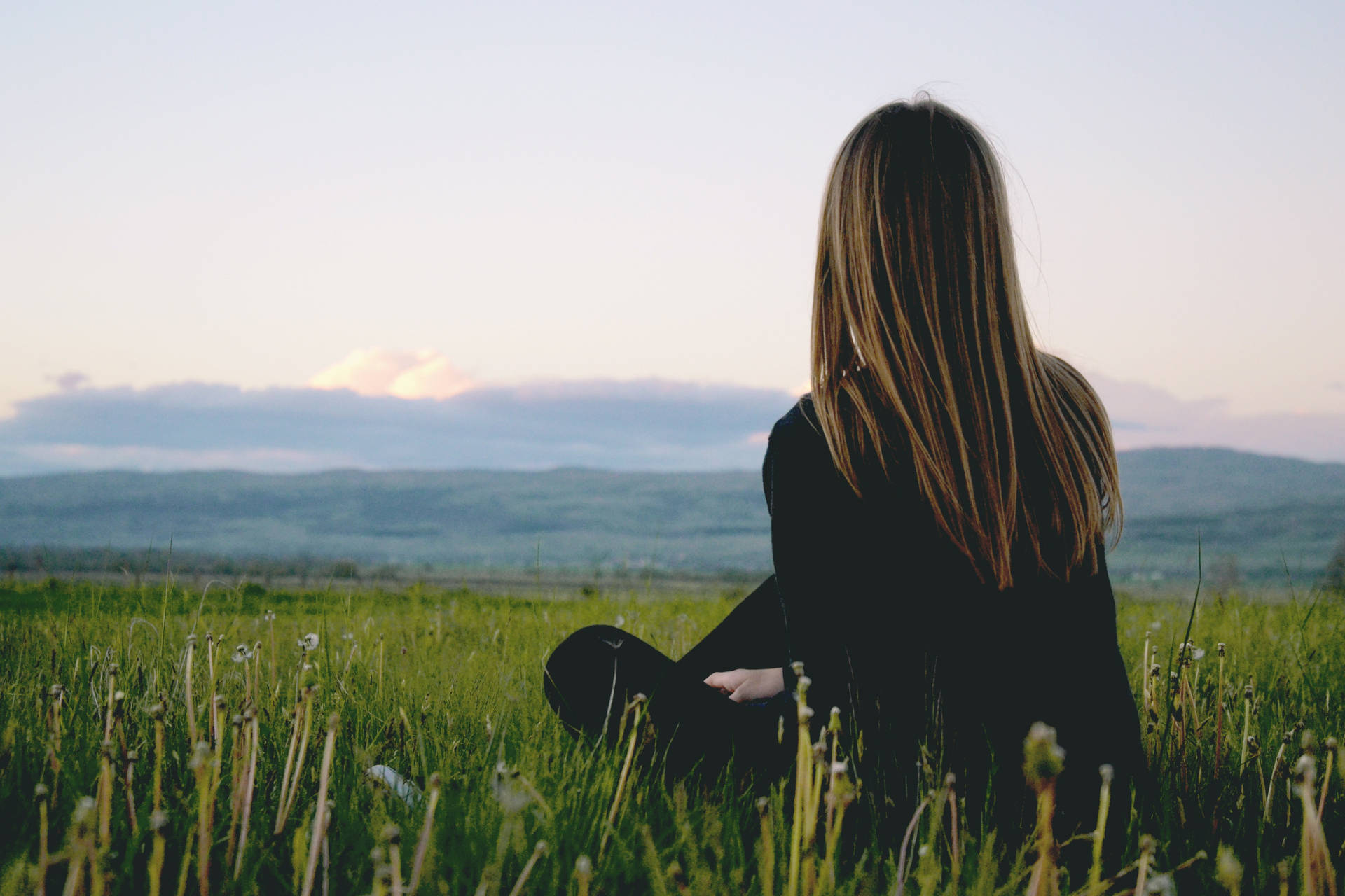 Woman Sitting Alone On Grassy Plain Background