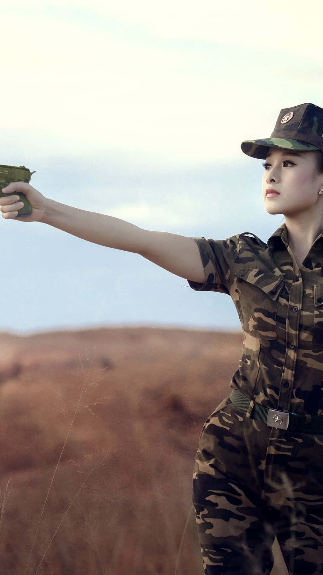 Woman Soldier Holding Gun Uniform Wallpaper