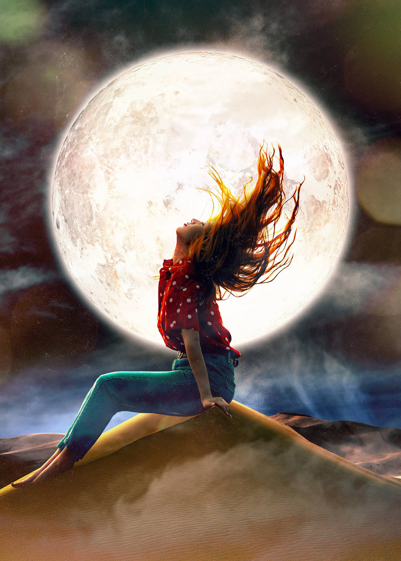 Ethereal Radiance of Soul: Woman Embracing Freedom Under the Moonlight Wallpaper