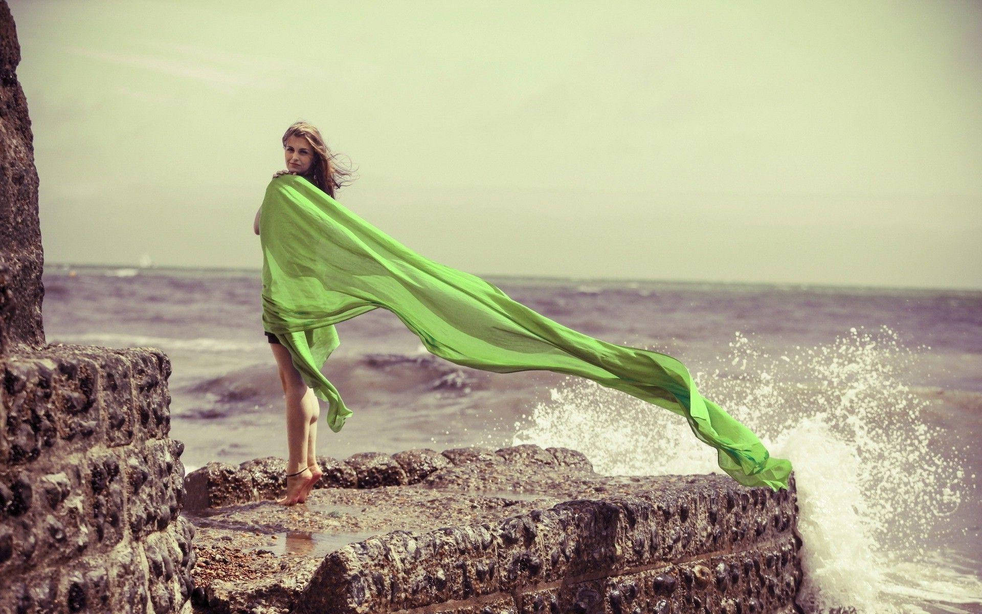 Woman Standing Near The Sea Windy Wallpaper