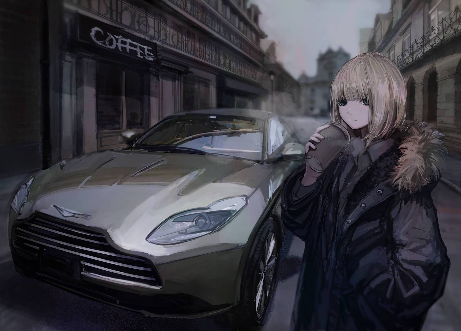 Woman Standing Next To Aston Martin Car Anime Background