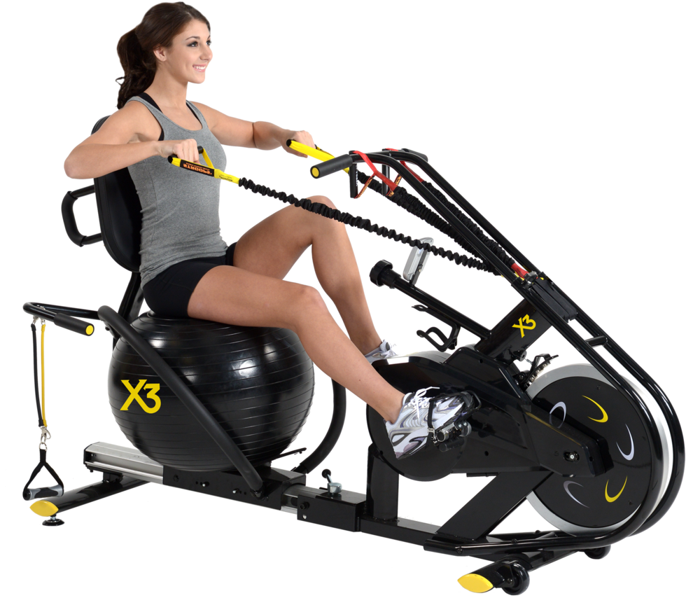 Woman Using Rowing Machine With Stability Ball PNG