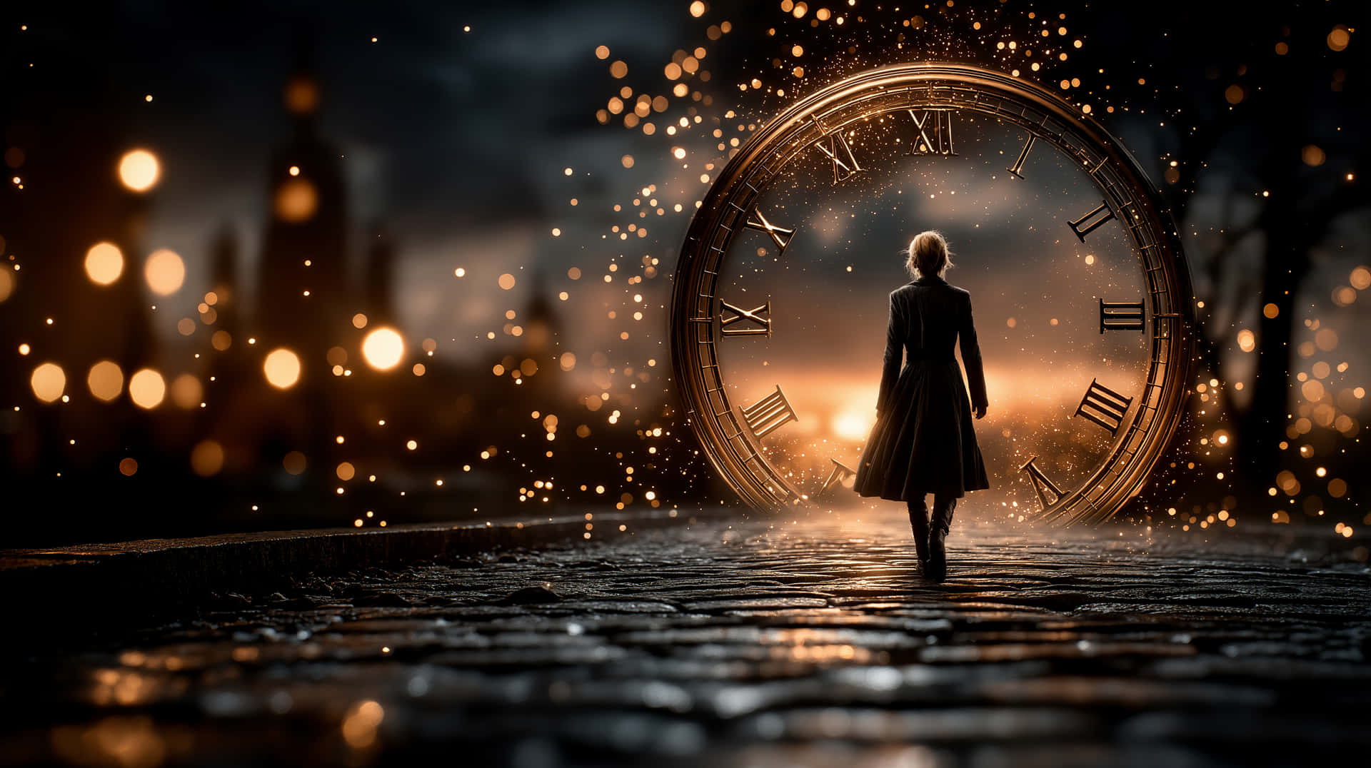Woman Walking Towards Grand Luminous Clock In Urban Night Wallpaper