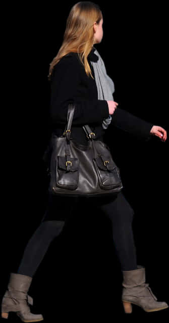 Woman Walkingin Black Outfit PNG