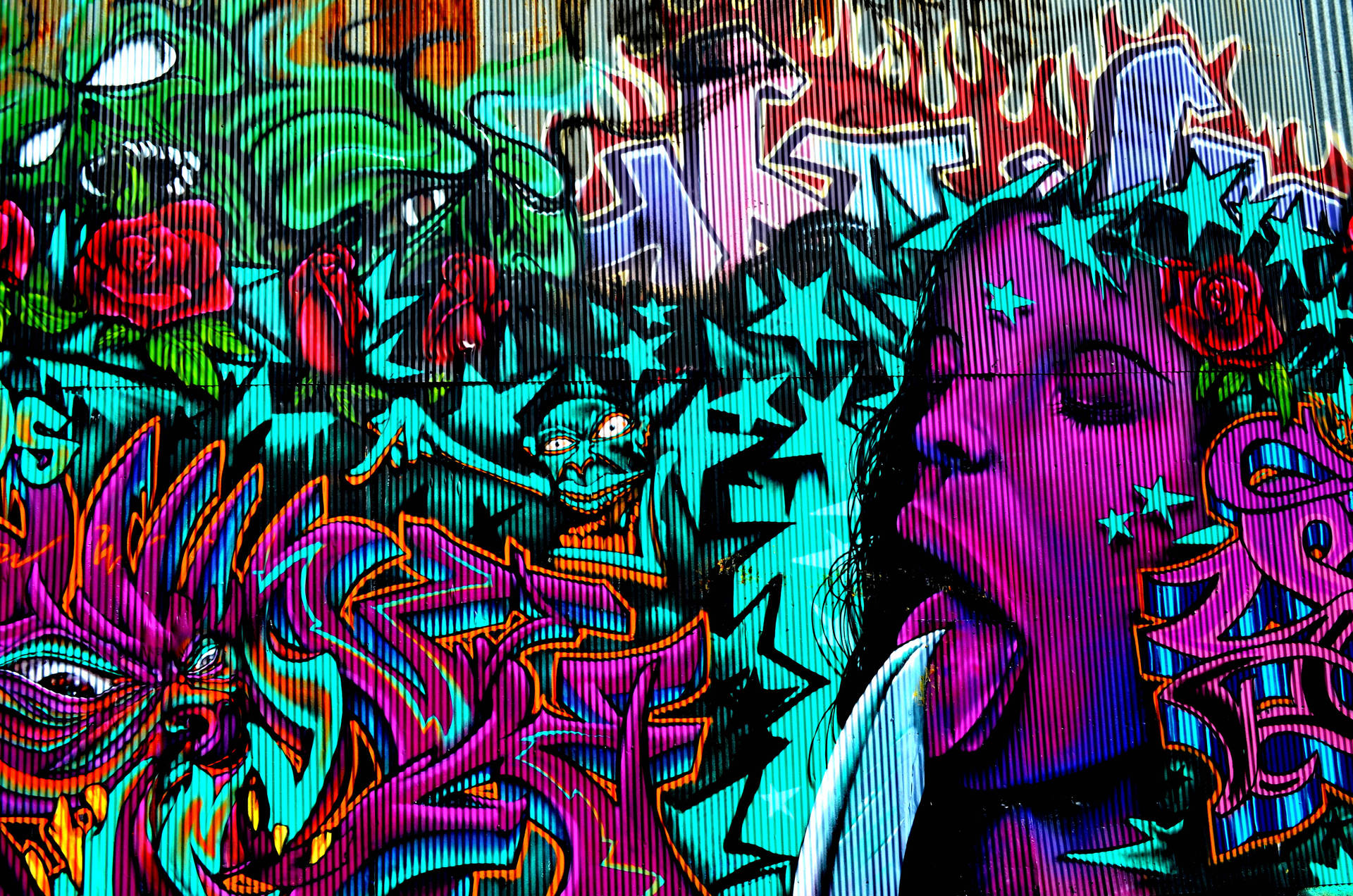 Wallpaper of wall graffiti of purple woman with rare creatures, stars, and flowers. 