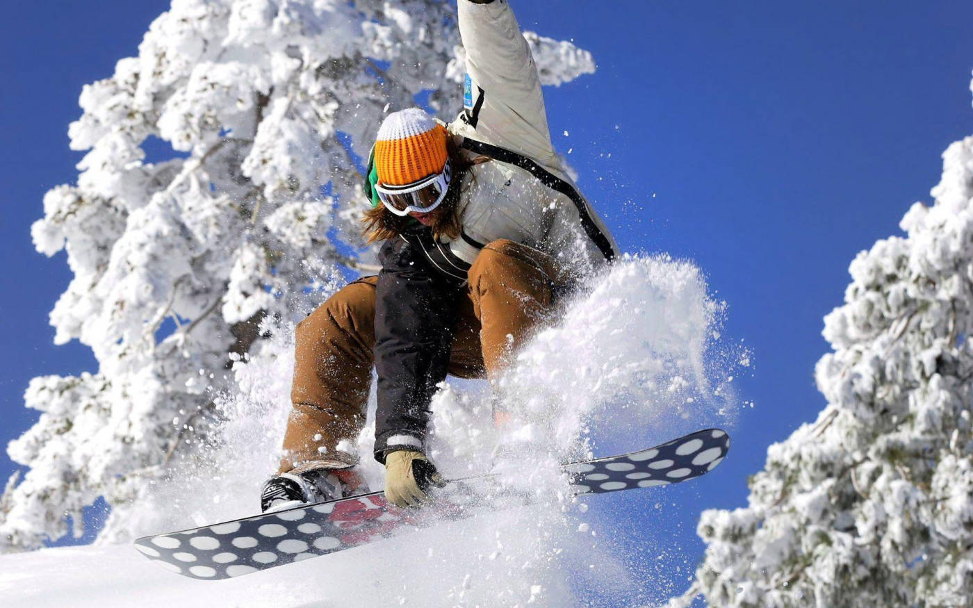 Woman With An Orange Beanie And Snowboard Background