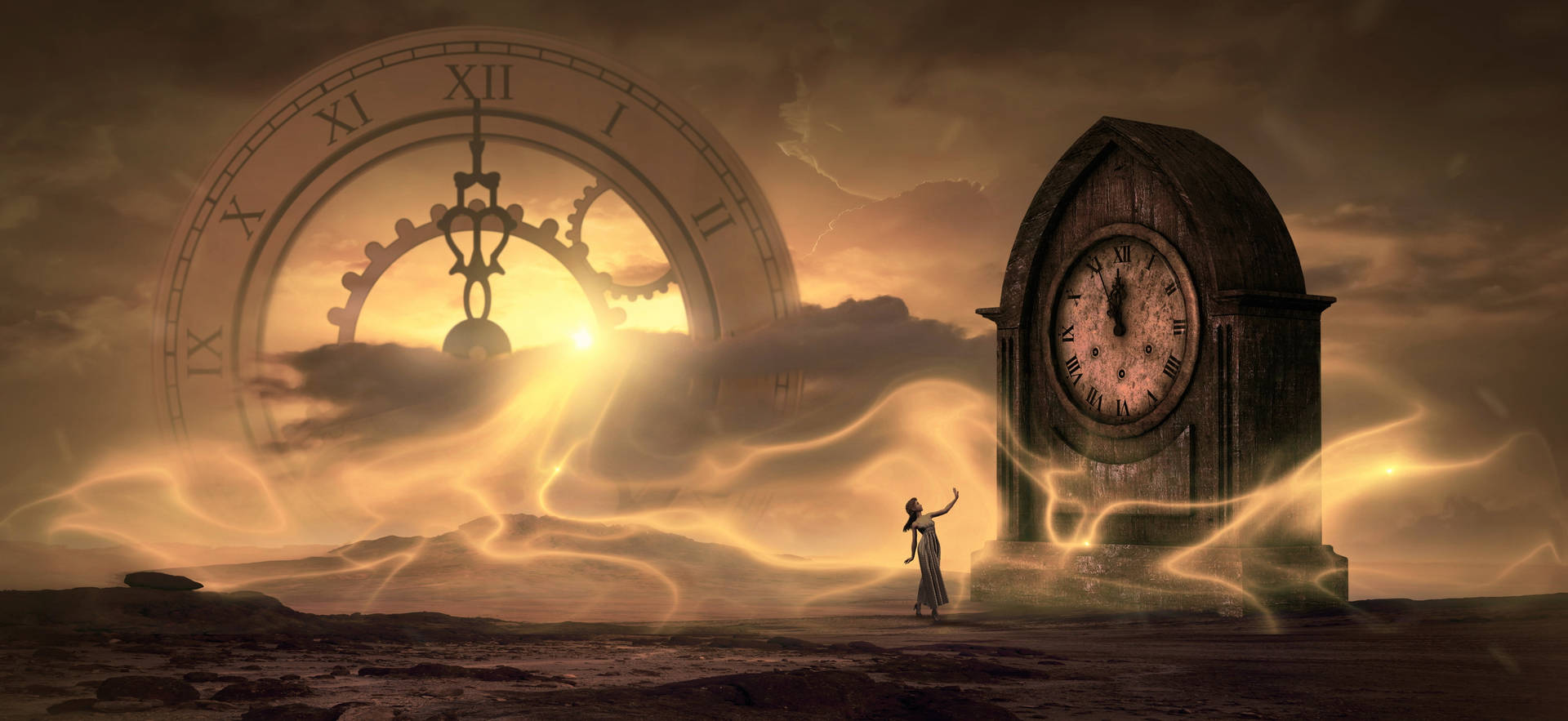 Woman With Clock Stand Tiempo Background Wallpaper