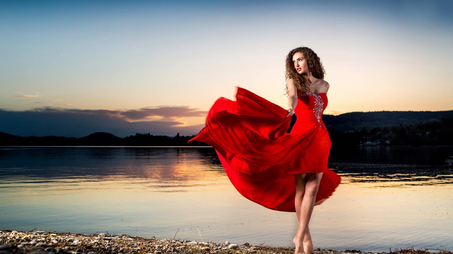 Woman With Curly Hair Red Dress Wallpaper