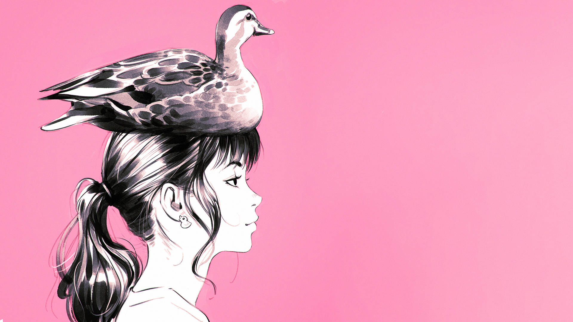 Woman With Duck Art Drawing Wallpaper
