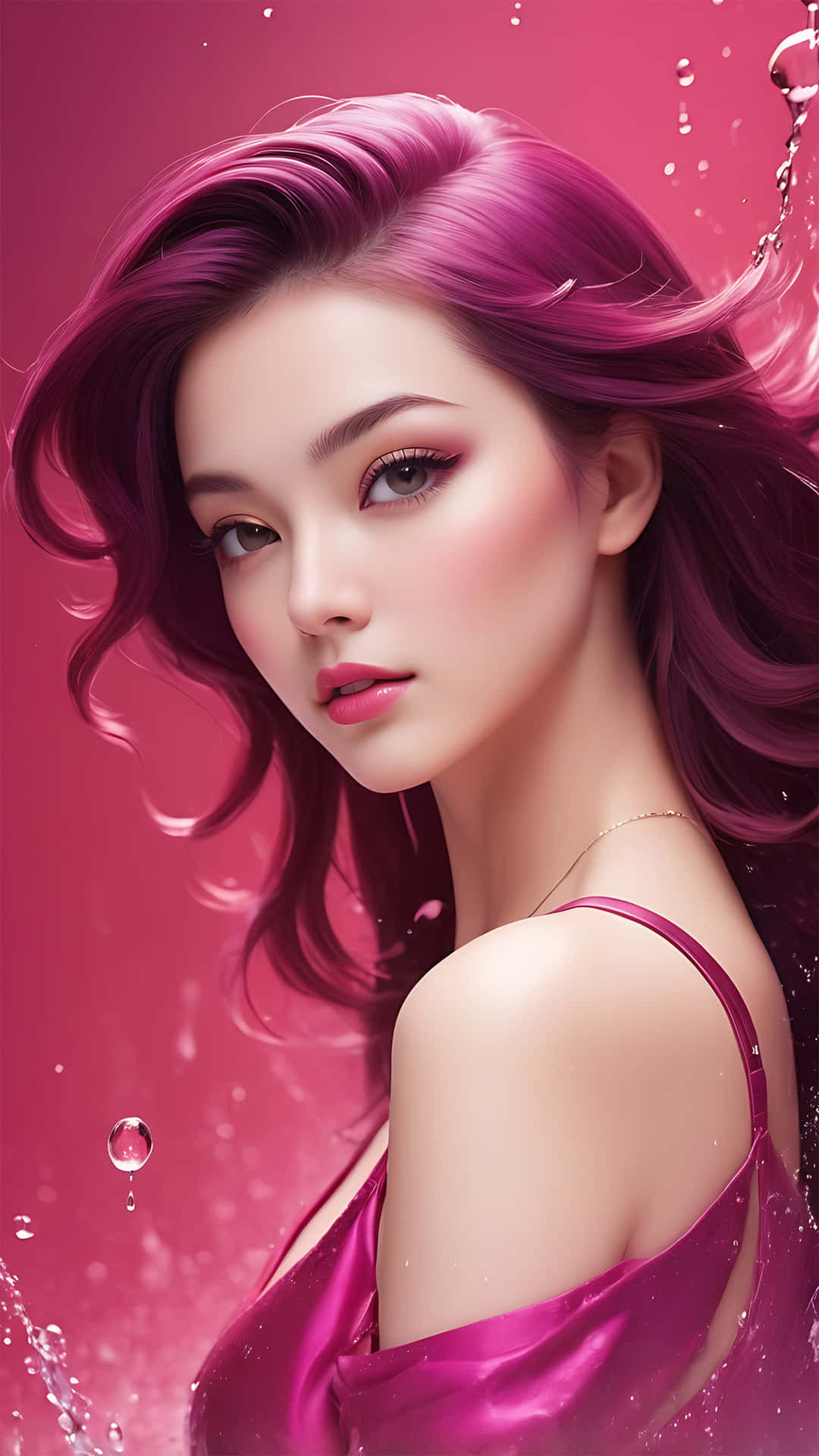 Woman With Pink Hair In Elegant Pink Dress Portrait Wallpaper
