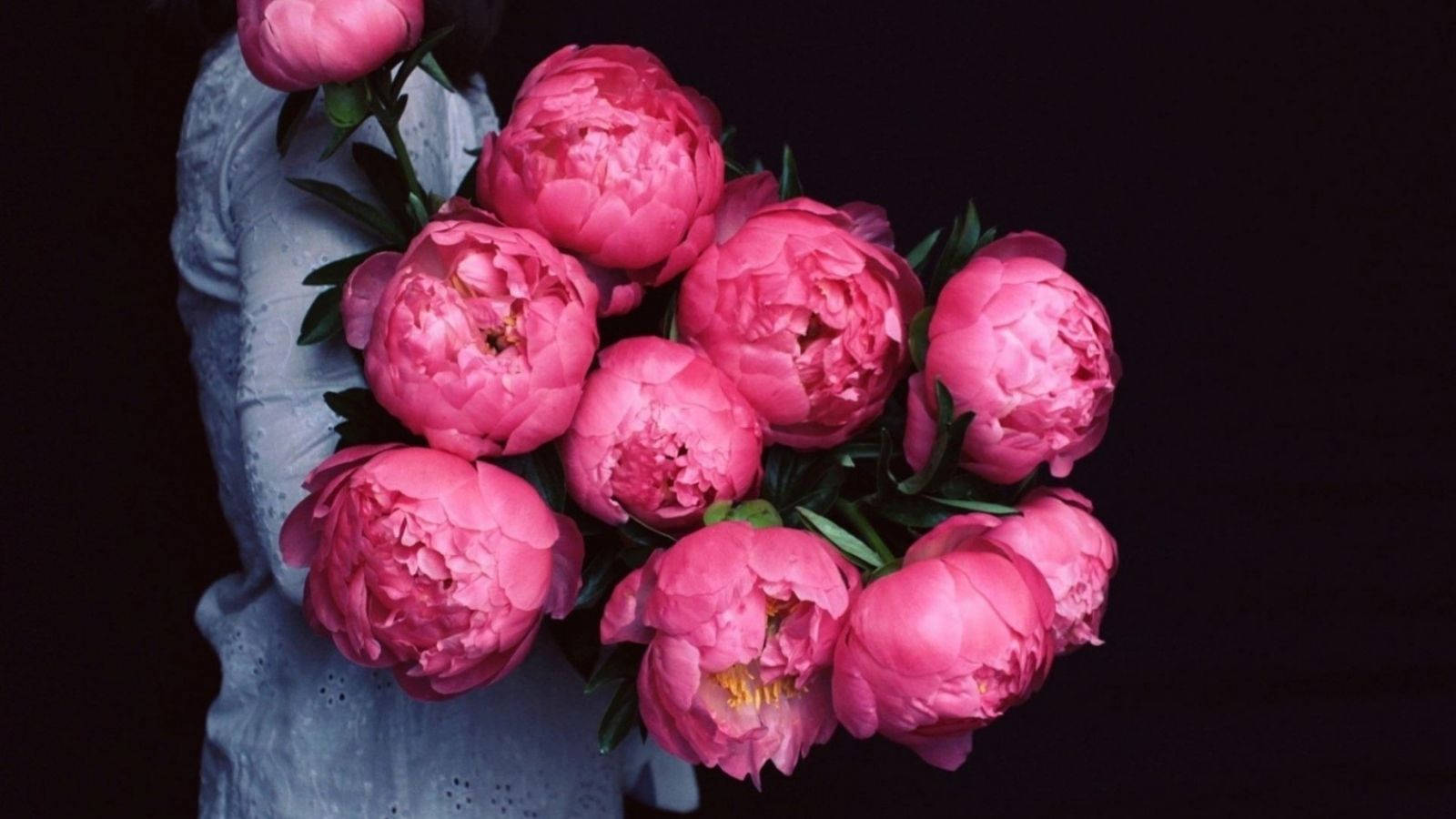 Woman With Pink Peony Flowers Wallpaper