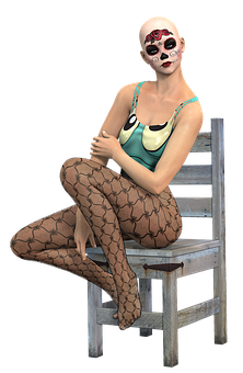 Woman_with_ Skull_ Makeup_ Sitting_on_ Chair PNG