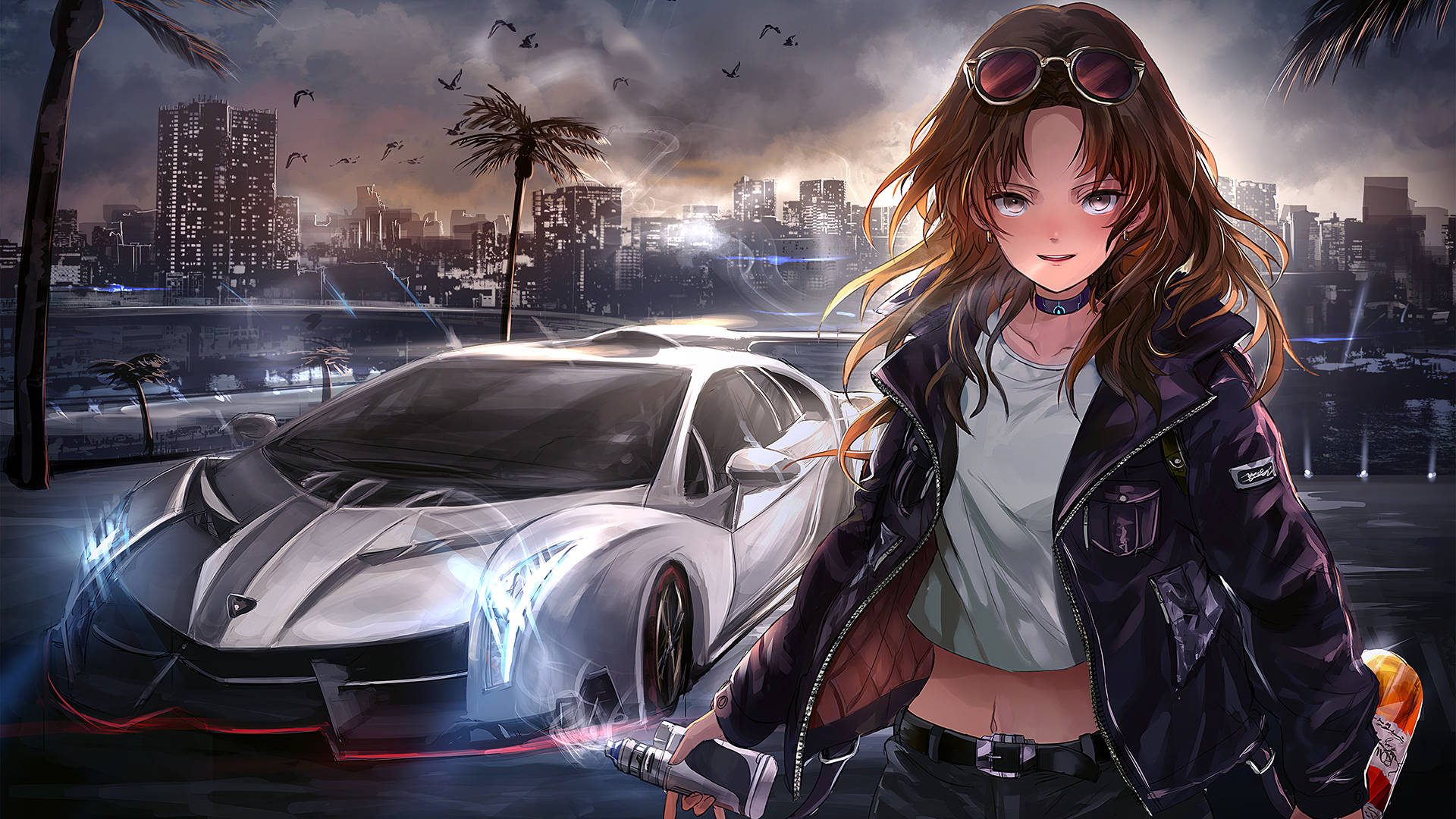 Woman With Sunglasses Next To Car Anime Wallpaper