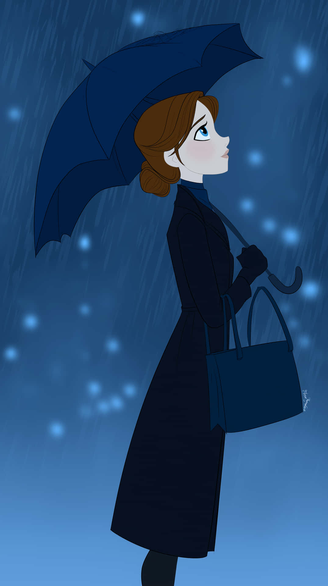 Woman With Umbrella In Downpour, Looking Upward Wallpaper