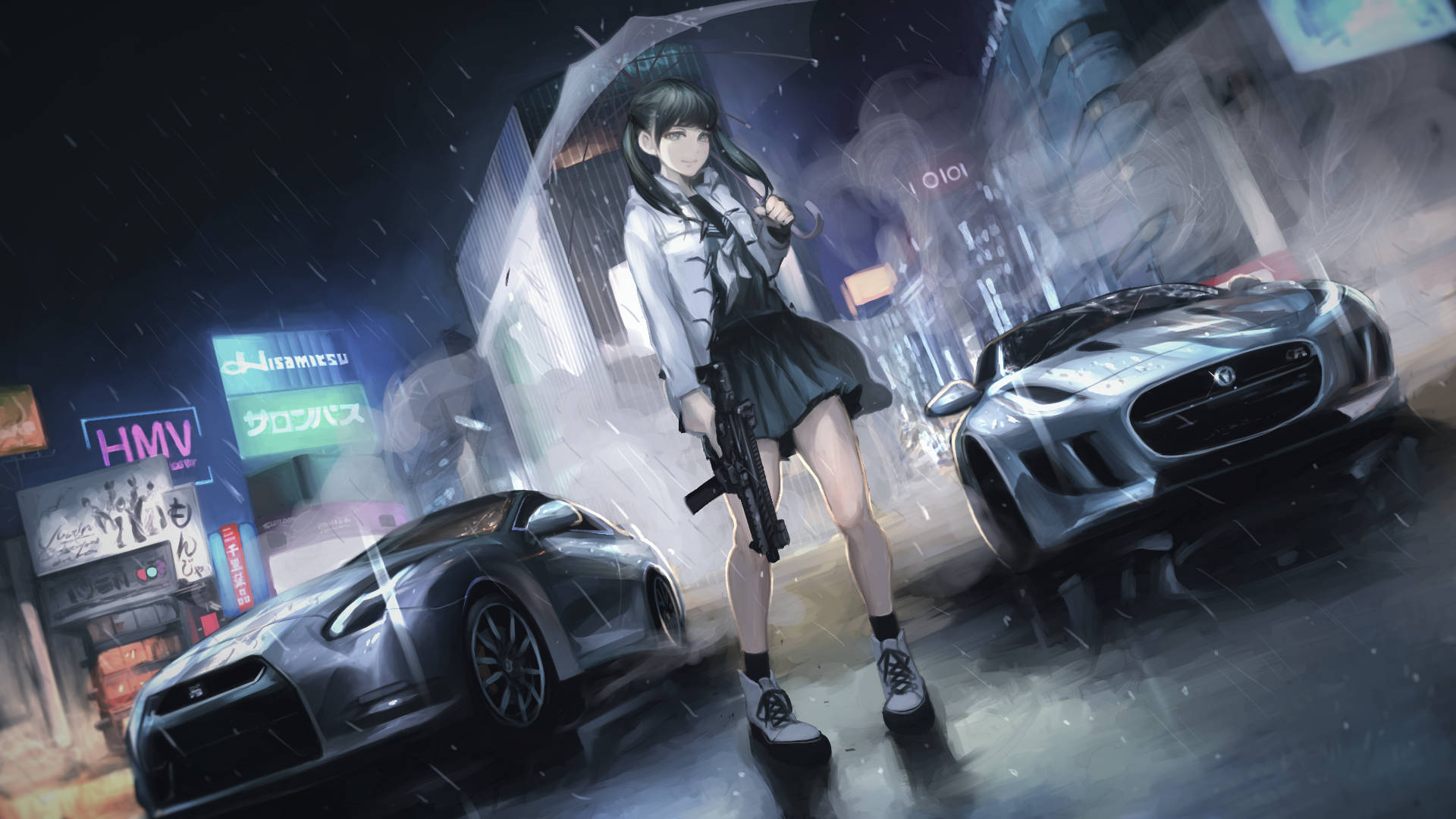Woman With Umbrella Next To A Car Anime Background