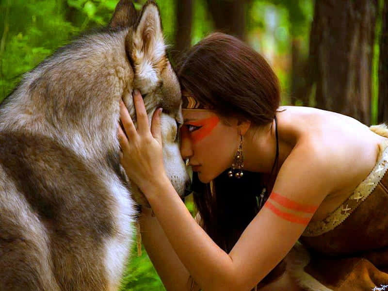 Womanand Wolf Intimate Moment Wallpaper