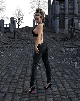 Womanin Black Outfit Ruined City Backdrop PNG