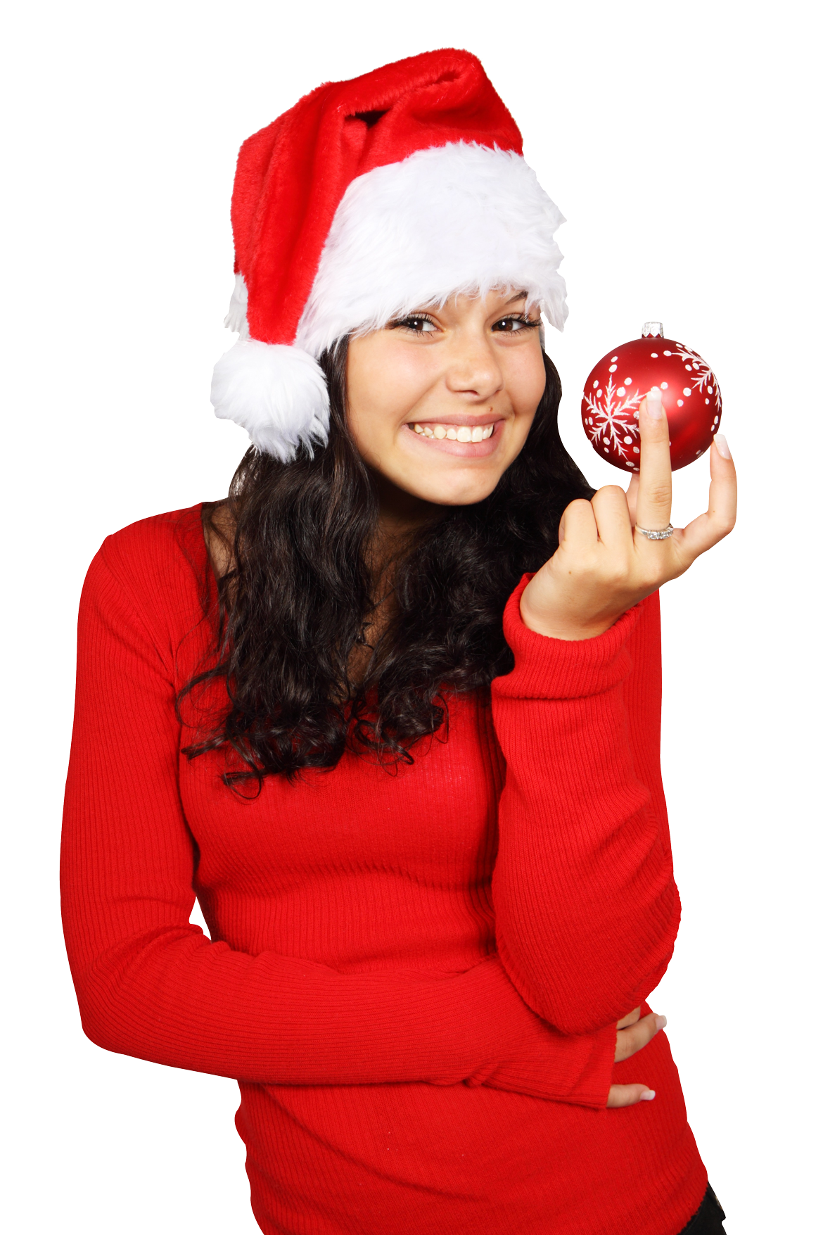 Womanin Christmas Hat Holding Ornament PNG