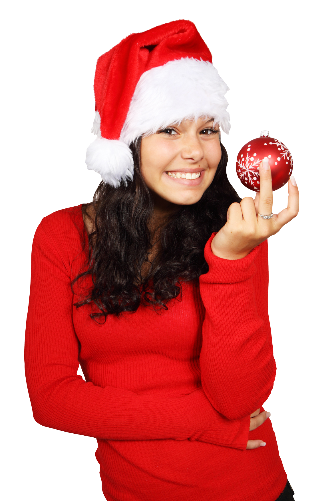 Womanin Christmas Santa Hat Holding Ornament PNG