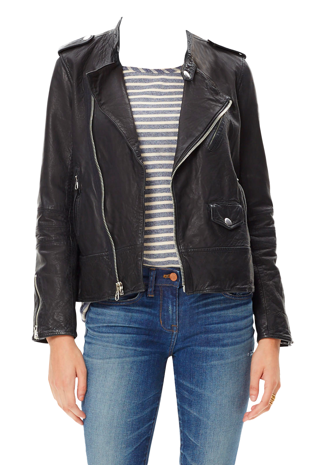 Womanin Leather Jacketand Blue Jeans PNG