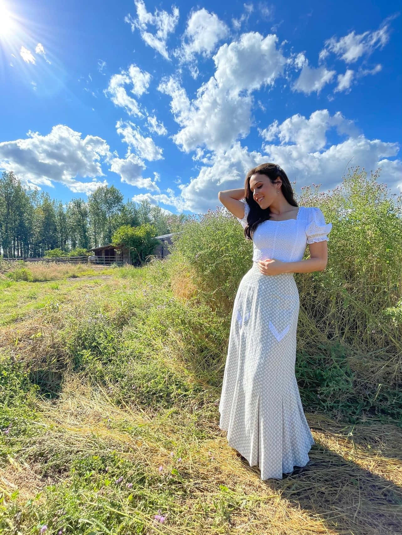 Womanin White Dress Sunny Countryside Wallpaper