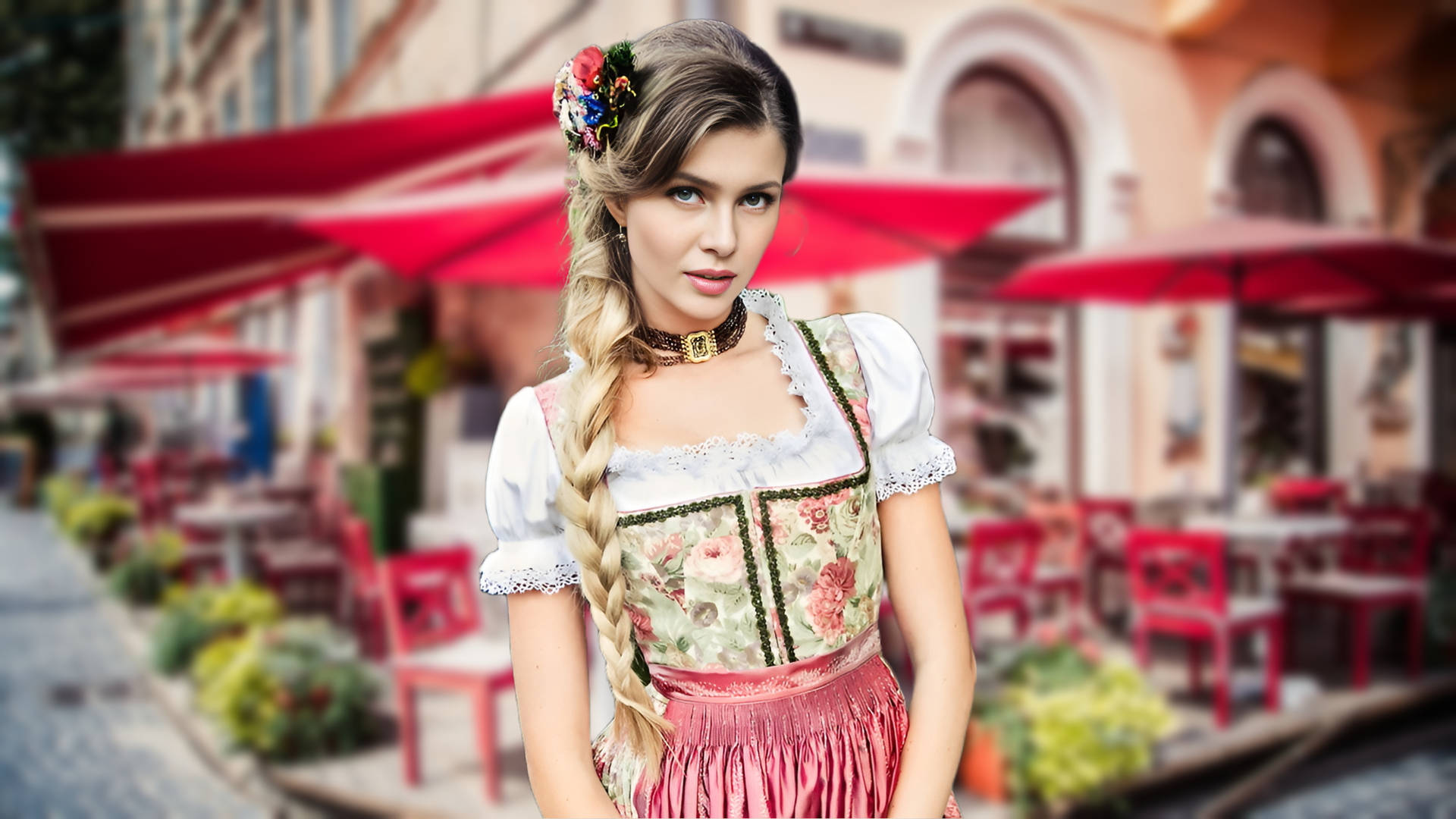 Elegant Woman in Traditional Dirndl Dress Celebrating Oktoberfest Wallpaper