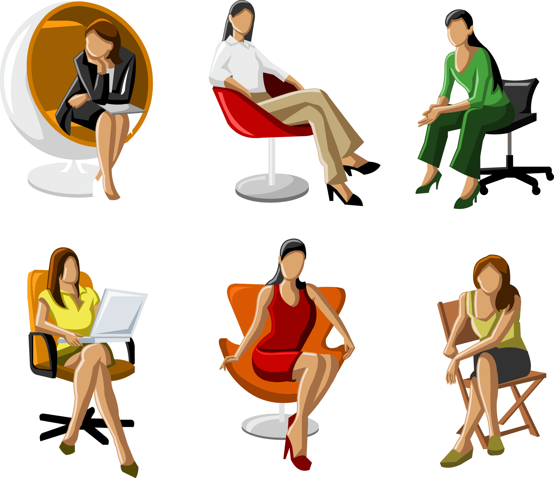 Women Sittingin Various Chairs Vector PNG