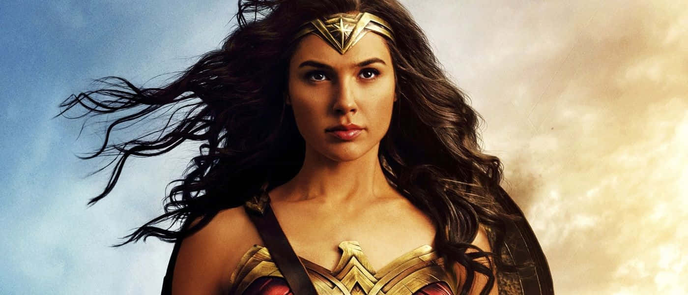 Wonder Woman standing tall with fierce determination in a dynamic pose