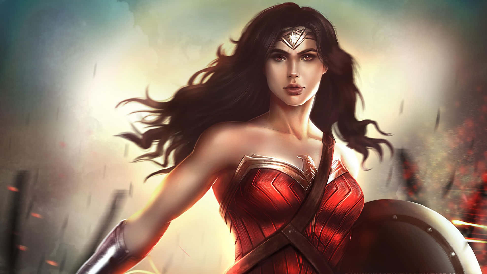 Wonder Woman in action on a striking background